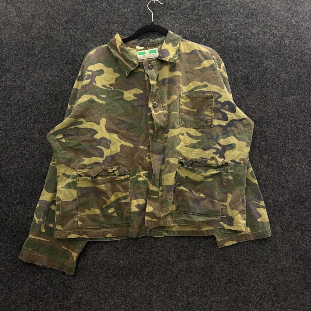 Vintage 70s Game Winner Camo Hunting Jacket Mens Canvas Utility Coat Woodland
